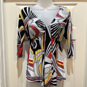 Meet Me In Miami Women's Vintage Sheer 3/4 Sleeve Top V Neck Symmetrical M